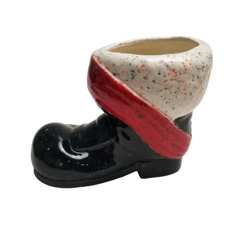 Ceramic Santa Claus Boot Black Christmas Vintage Holly Vase Planter Holiday Bow - Picture 5 of 14